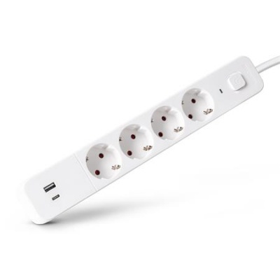 Elosztósor, 4 aljzat, 1,5 m, USB, kapcsolóval, ENTAC, fehér
